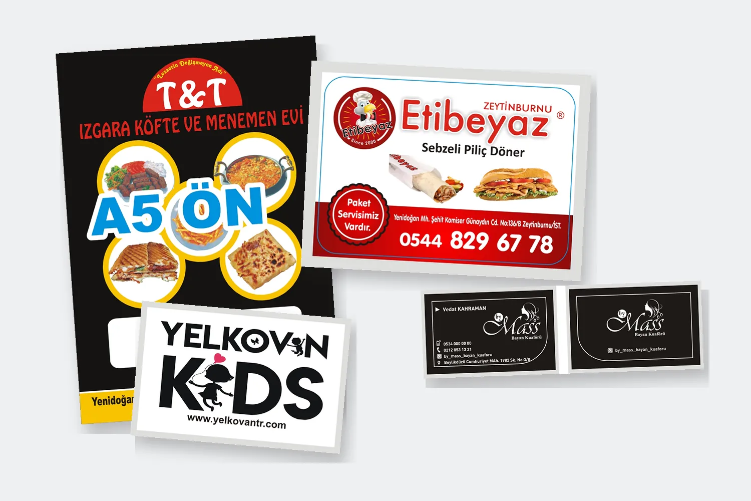 Matbaamızda basılan broşür, magnet, kartvizit ve sticker örnekleri